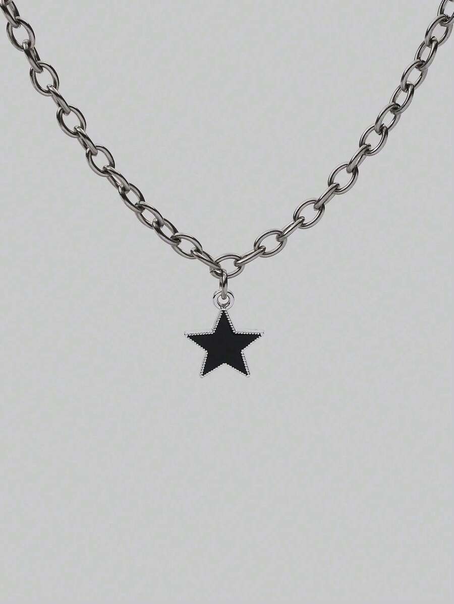 复古朋克风星星吊坠项链，不锈钢极简项链，男女皆宜，奢华设计颈链，适合嘻哈风格 - 銀色 - 查看 1