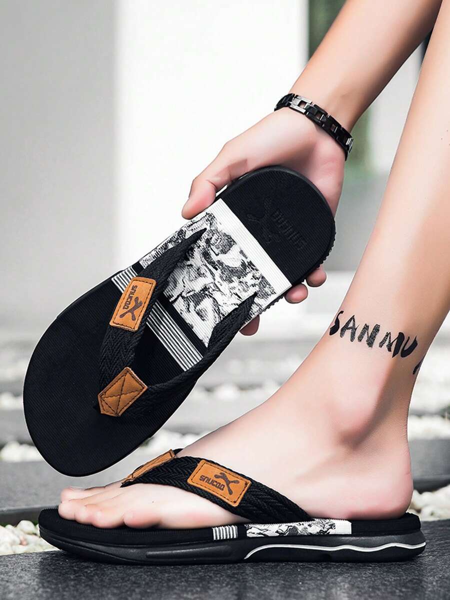 Men's Beach Woven Faux Fur Splicing Flip Flops, Spring/Summer - Black - View 1