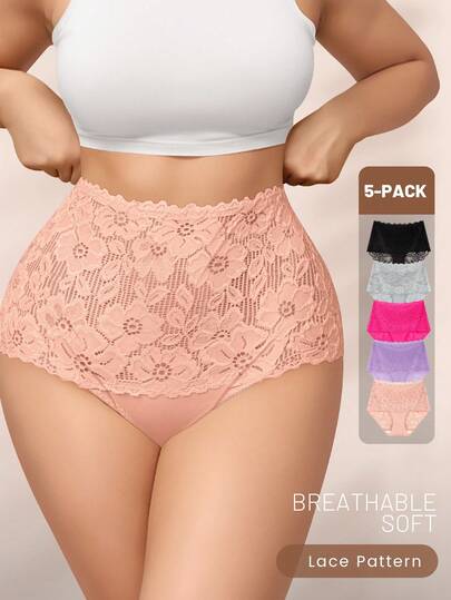 5pcs Women Plus Size Lace Trim High Waist Shaping Briefs, Sexy & Daily Underwear