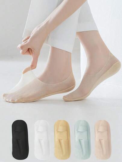 1/5/10 Pairs Women's Summer Ultra-Thin Invisible Low-Cut Silicone Non-Slip Mesh Ice Silk Solid Color Boat Socks