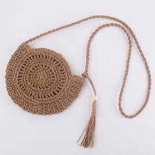 Women Crochet Round Straw Beach Bag With Tassel Handmade Crossbody Shoulder Bag - 棕色 - 查看 3