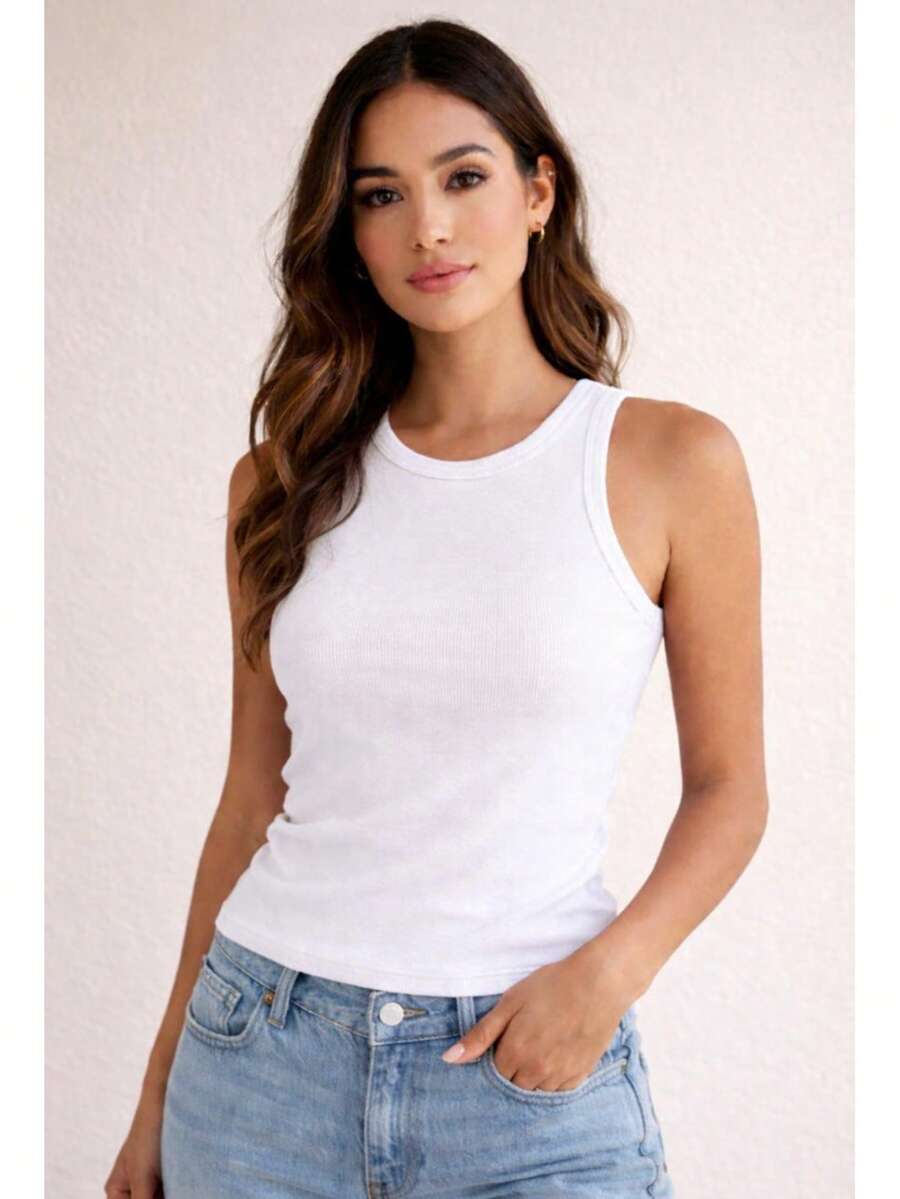 Women's Basic Ribbed Premium Sleeveless Tank Top, Comfortable, Fitted To The Body, Casual, Gym, Everyday, Women's Fashion - 白色 - 查看 1