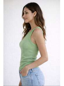 Women's Basic Ribbed Premium Sleeveless Tank Top, Comfortable, Fitted To The Body, Casual, Gym, Everyday, Women's Fashion - 橄欖綠 - 查看 2