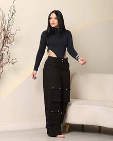 Women's Wide Leg Cargo Pants, High Waist, Tailored, Marrant Style, Palazzo Pants With 4 Utility Pockets, Premium Streetwear - 黑色 - 查看 2