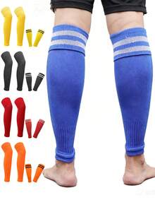 儿童过膝足球护腿套（1双），透气运动小腿套，高弹条纹压缩腿套，适合8-14岁儿童户外运动 - 彩色 - 查看 2