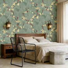1卷复古绿色梅花和黄色花卉壁纸 - 3D加厚，防水，防污，易清洁，自粘式接触纸，适用于优雅家居装饰、厨房橱柜、桌面和房间背景，花卉PVC剥离粘贴壁纸 - 綠色 - 查看 12