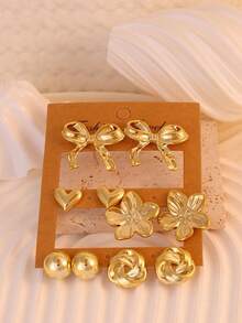 Trending Cross-Border Exaggerated Earrings, Women's Personalized Creative Bow & Heart Shaped Earring Set, Minimalist Elegant Earrings - Gold - View 3