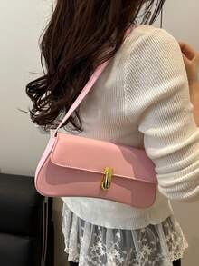 时尚纯色金属装饰单肩包，简约优雅风格，适合购物、携带钱包，适合年轻女性、大学生、上班族女性。非常适合办公室、大学、工作、商务、辛勤工作、户外活动、旅行和郊游。 - 粉色 - 查看 2