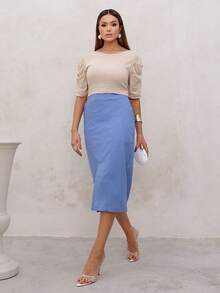 Saia Midi Feminina De Linho Com Fenda Estilosa E Cintura Flexível  e Elegante - Azul serenity - Visão 4
