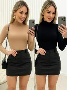 Kit 2 Cacharrel Women's Plush Flannel Blouse High Neck Long Sleeve Thermal Winter None - 裸色和黑色 - 查看 9