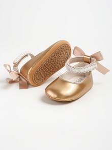 Sepatu Flat Mary Jane untuk Bayi Perempuan Baru Lahir, Dekorasi Pita, Sol Lembut Anti Selip, Sepatu Bayi Pra-berjalan dari Kulit PU, Pita Mutiara - Emas - View 10