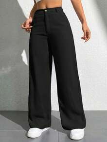 LuluRun Women's Wide Leg Tailored Pants With Elastic Waistband And Wooden Button - 黑色 - 查看 5