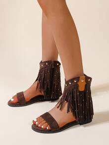 Giày sandal đế bằng kiểu miền Tây màu nâu có tua rua, giày chiến binh cổ điển trang trí tua rua, sandal buộc cổ chân đính đinh tán cho kỳ nghỉ hè. - màu nâu - Xem 3