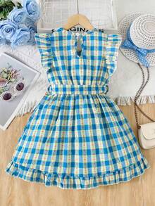 女童休闲蓝色格子连衣裙，配腰带，适合夏季派对、度假、日常穿着或演出。 - 藍色 - 查看 3