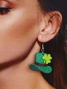 1 par de nuevos pendientes verdes, diseño de sombrero de trébol de acrílico para el Día de San Patricio - Verde - Ver 2