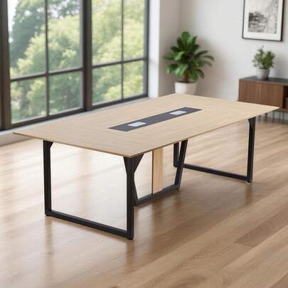 Conference Table, 8 Ft Office Meeting Table For 10 Person, Modern Rectangle Seminar Desk With Metal Legs, Large Meeting Desk Ideal For Office, Boardroom, Conference Room, Easy Assembly, Brown