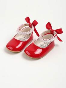 Newborn Baby Girls' Mary Jane Flats, Bow Decor, Non-Slip Soft Bottom PU Leather Infant Prewalker Shoes, Pearl Ribbon - Red - View 8