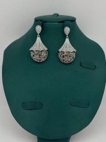 两件套奢华锆石黄金项链耳环首饰套装，夸张设计，优雅女士首饰套装，日常佩戴或派对装饰，情人节或母亲节的绝佳礼物 - 銀色 - 查看 4