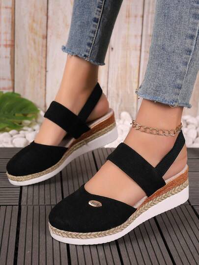 2026 Spring/Autumn New Plus Size Women Shoes, Hemp Rope Woven Fisherman Shoes, Buckle Strap Closed Toe Platform Sandals
