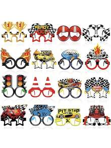 16pcs Racing Car Party Supplies - Racing Car Paper Glasses Frames, Car Trunk Themed Glasses, Birthday Shower Decorations - Multicolor - View 1