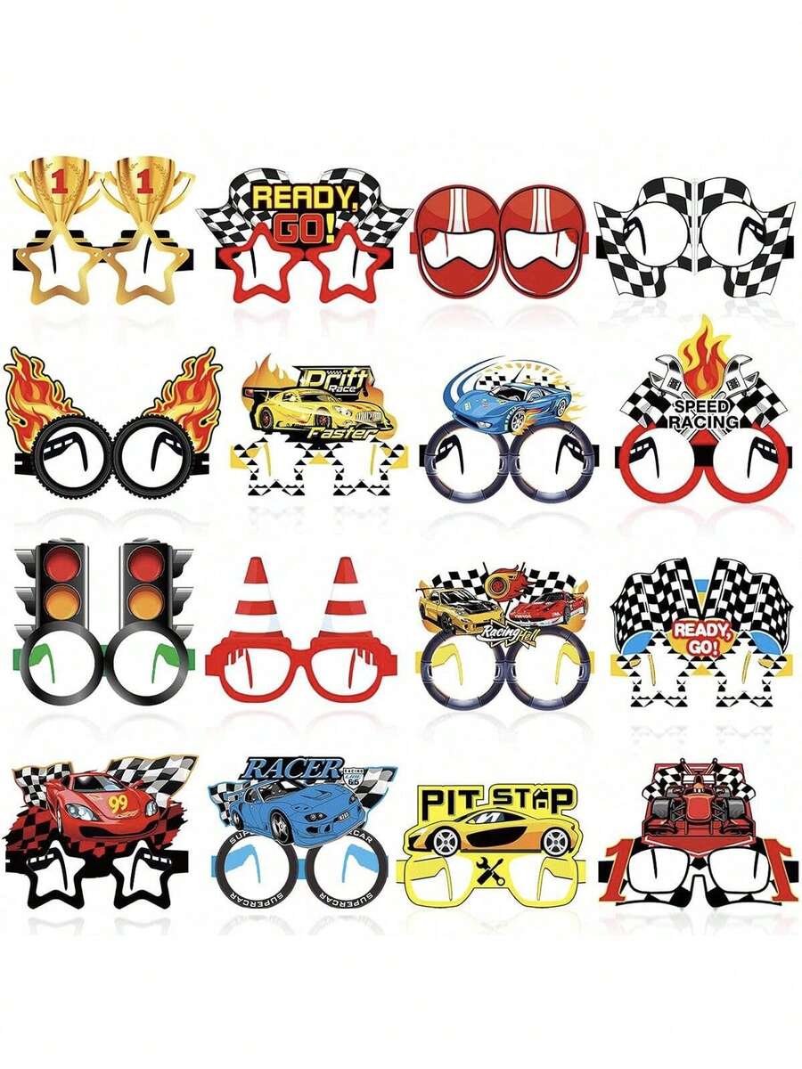 16pcs Racing Car Party Supplies - Racing Car Paper Glasses Frames, Car Trunk Themed Glasses, Birthday Shower Decorations - Multicolor - View 1