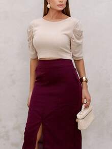 Linen Midi Skirt With Stylish Slit And Flexible Waistband - 如圖 - 查看 4