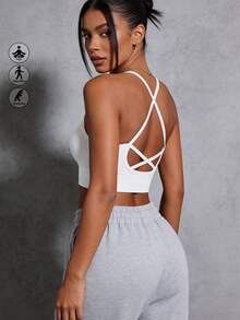 Runway Rest 1 pieza Sujetador sin espalda con tirantes cruzados, de alta elasticidad y sin aros, para uso diario. Sujetador deportivo sin costuras de impacto medio, con espalda de tipo top, transpirable y cómodo. - Blanco - Ver 3