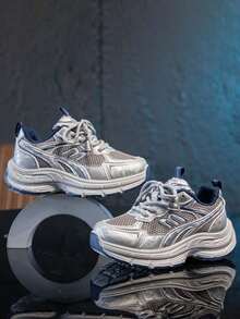 Kids' Breathable Mesh Sports Shoes, Retro Distressed Style, Anti-Slip Thick Sole, Unisex Casual Chunky Sneakers - Grey - View 8