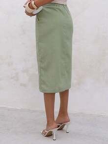 Linen Midi Skirt With Stylish Slit And Flexible Waistband - 鼠尾草綠 - 查看 2