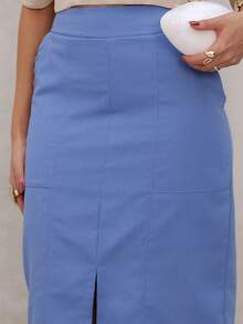 Saia Midi Feminina De Linho Com Fenda Estilosa E Cintura Flexível  e Elegante - Azul serenity - Visão 6