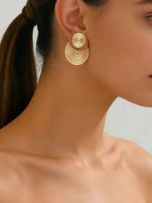 1 Pair Women's New Creative Minimalist Geometric Earrings, Elegant Alloy Round Floral Spiral Front & Back Stud Earrings, Fashionable Daily Wear - Yellow Gold - View 1