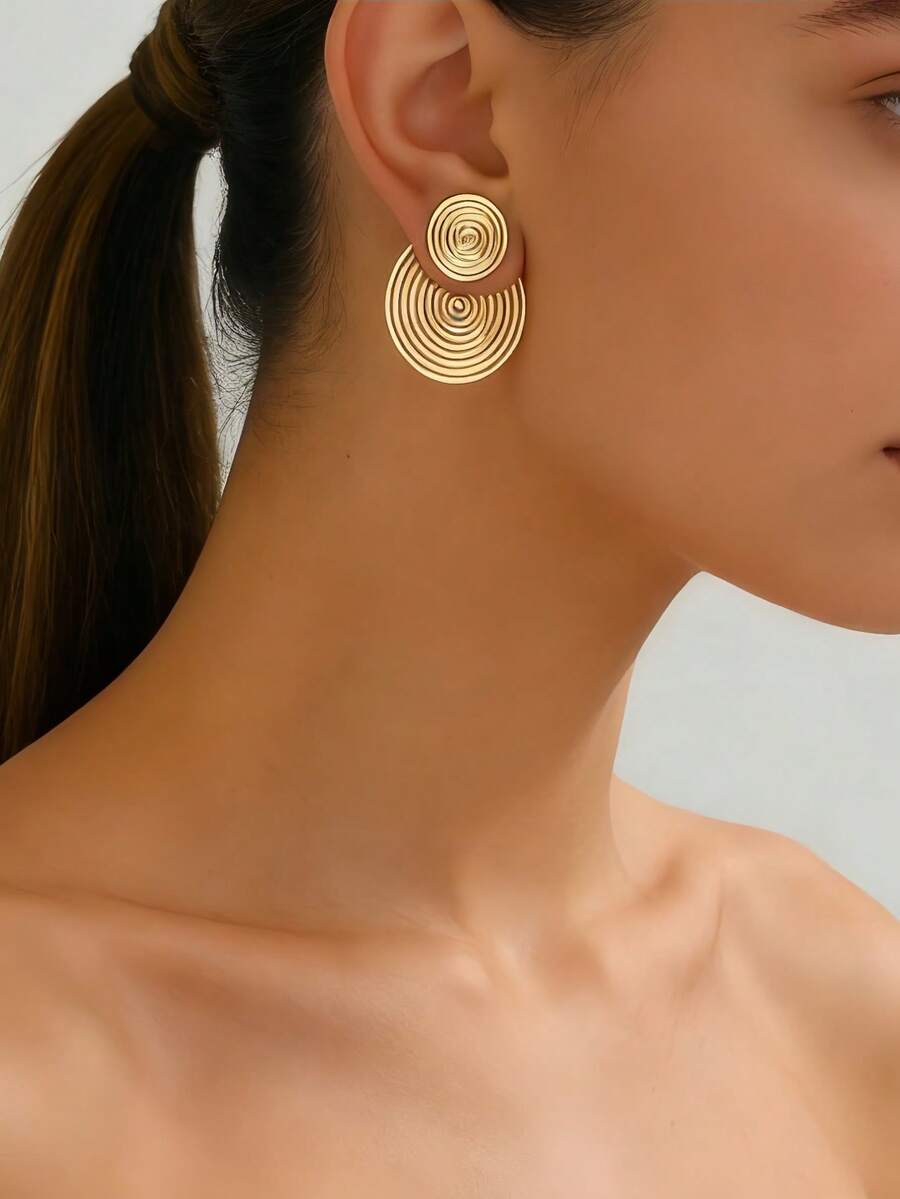 1 Pair Women's New Creative Minimalist Geometric Earrings, Elegant Alloy Round Floral Spiral Front & Back Stud Earrings, Fashionable Daily Wear - Yellow Gold - View 1