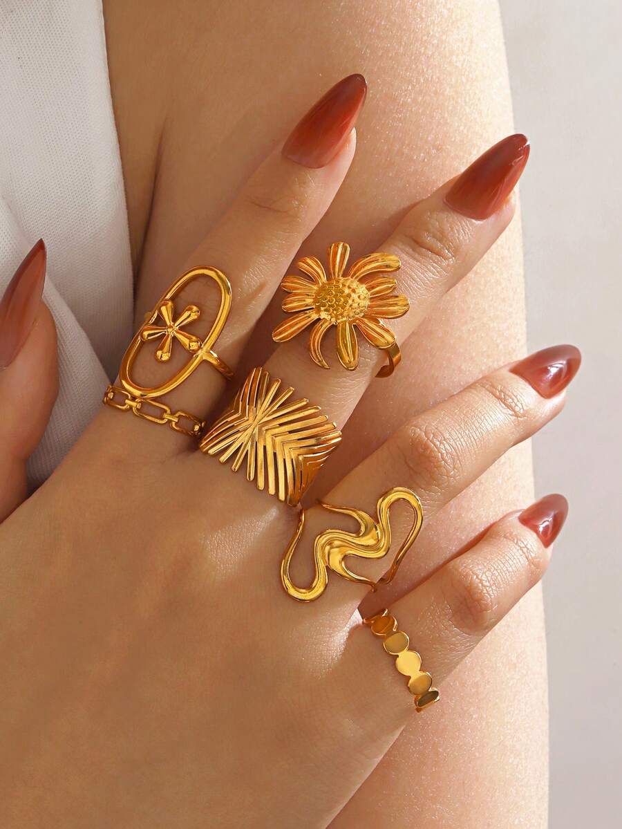 Set de 6 anillos de acero inoxidable con diseño geométrico de líneas y flores, adecuado para uso diario de mujeres - Dorado - Ver 1