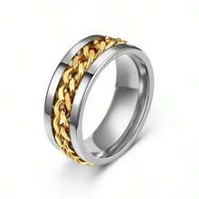 Titanium Stainless Steel Chain Spinner Finger Ring, Men's Black Gold Punk Finger Ring - Prata e Dourado - 查看 1