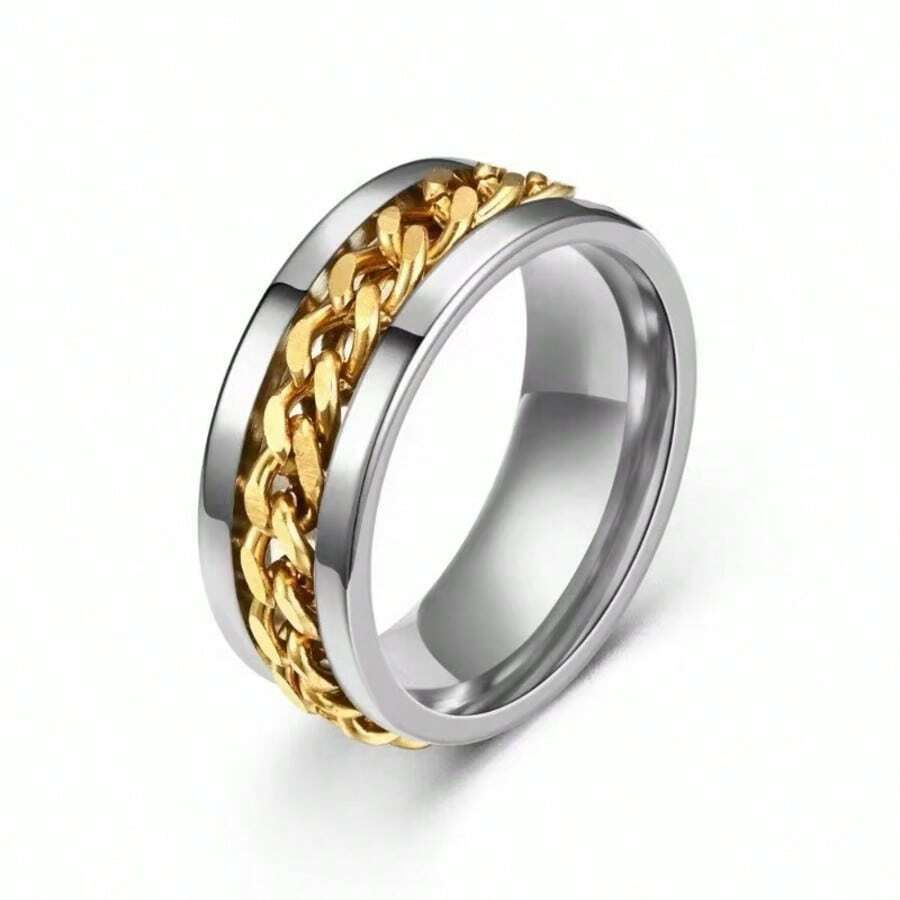 Titanium Stainless Steel Chain Spinner Finger Ring, Men's Black Gold Punk Finger Ring - Prata e Dourado - 查看 1