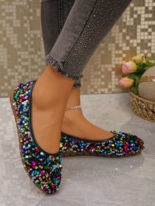 1 Pasang Sepatu Balet Elegan dengan Hiasan Payet Pelangi untuk Wanita, Cocok untuk Pesta Liburan - Hitam - View 5