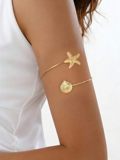 1 قطعة أساور شاطئية عصرية مزينة بالصدف وأشكال نجوم البحر، إكسسوار شاطئي للنساء، تزيين الذراع/الأسورة لعطلة الشاطئ