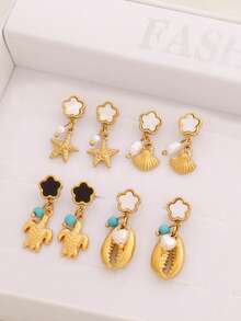 1对不锈钢五叶花耳钉，女士时尚18K PVD镀层设计，珍珠海星贝壳吊坠耳环首饰 - 耳環 - 查看 2