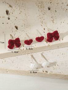 6pcs/Set Burgundy Flocked Bow & Heart Pearl Stud Earrings (Random Card Included), Autumn/Winter - Multicolor - View 2