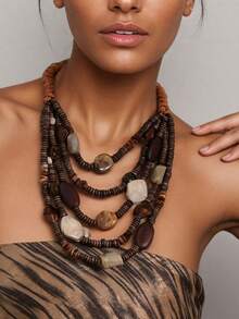Bohemian Style Maillard Multi-Layer Wooden Beaded Necklace, Niche Design Retro Resin Splicing Choker - Brown - View 11