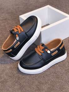 1 Pair Unisex New PU Upper Low-Top Sneakers, Soft Sole Non-Slip Children's Skate Shoes, Fashion Versatile Student Running Shoes, Suitable For All Seasons - Black - View 2