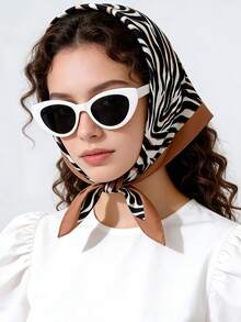 斑马纹缎面头巾沙滩巾套装（1 件），女士时尚配饰，理想礼物 - 彩色 - 查看 2