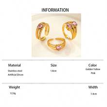 3pcs Stainless Steel 18K Gold Plated Heart Shaped Ring Set, Inlaid With Pink Zirconia, Suitable For Women Wear Or Gift - Yellow Gold - View 6