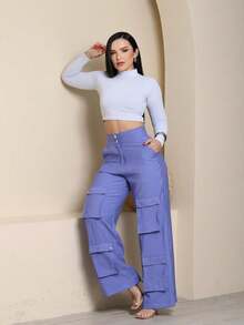 Women's Wide Leg Cargo Pants, High Waist, Tailored, Marrant Style, Palazzo Pants With 4 Utility Pockets, Premium Streetwear - 霧霾藍 - 查看 2