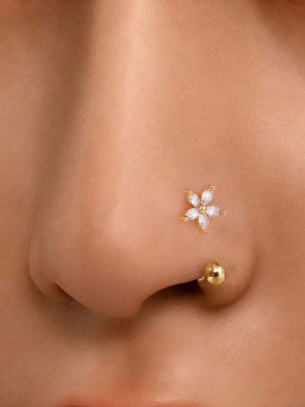 1pc 18K Gold Plated Stainless Steel Rhinestone Flower Nose Ring, Lightweight Hypoallergenic Silver Nose Stud Earring CZ Nose Hoop Lip Ring Earring Cartilage Hoop For Women