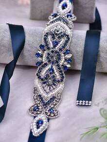 One Piece Handcrafted Rhinestone-Encrusted Luxury Wedding Belt, Exquisite And Sparkling Crystal Belt, Sturdy , Suitable For Weddings, Parties, Proms, Evening Gowns, Annual Meetings, And Various Other Occasions. - Silver + Black Ribbon - View 3