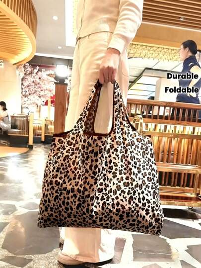1 pieza Bolso de compras plegable con estampado de leopardo de moda, bolso de hombro ligero y a prueba de fugas, adecuado para viajes, campamentos, supermercados y compras de comestibles. Duradero, fácil de limpiar, adecuado para uso diario, viajes y regalos para vacaciones