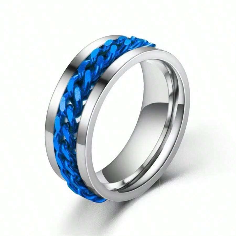 Titanium Stainless Steel Chain Spinner Finger Ring, Men's Black Gold Punk Finger Ring - Prata e Azul - 查看 1
