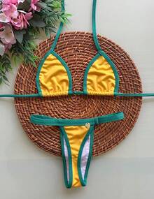 Women's Bikini Made Of Polyamide Ribbon, Bronze Duo Color, Summer Fashion, Beach Look. - Brazil YELLOW - View 1