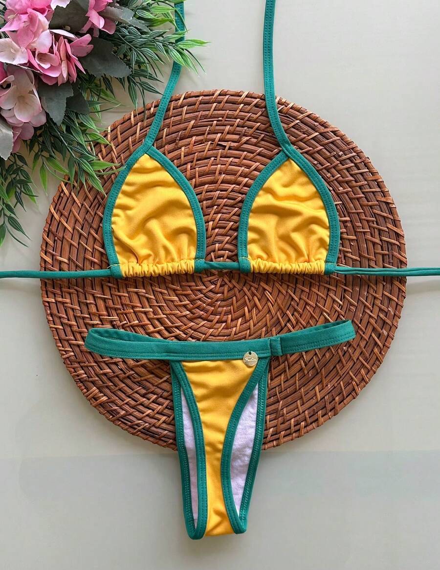 Women's Bikini Made Of Polyamide Ribbon, Bronze Duo Color, Summer Fashion, Beach Look. - Brazil YELLOW - View 1